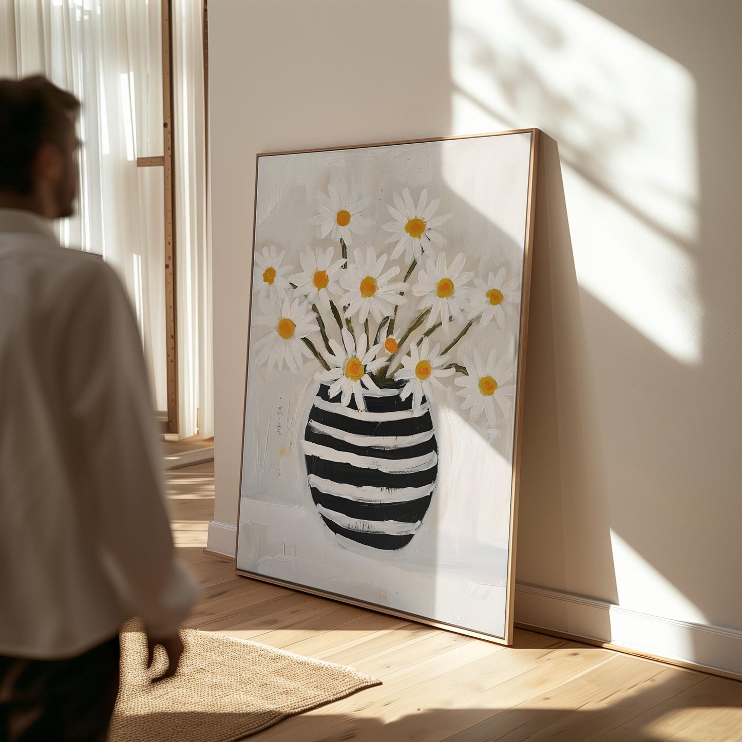 Daisy Flower Canvas Wall Art Modern Botanical Print Black and White Vase Large Floral Painting for Dining Room or Living Room