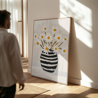 Daisy Flower Canvas Wall Art Modern Botanical Print Black and White Vase Large Floral Painting for Dining Room or Living Room