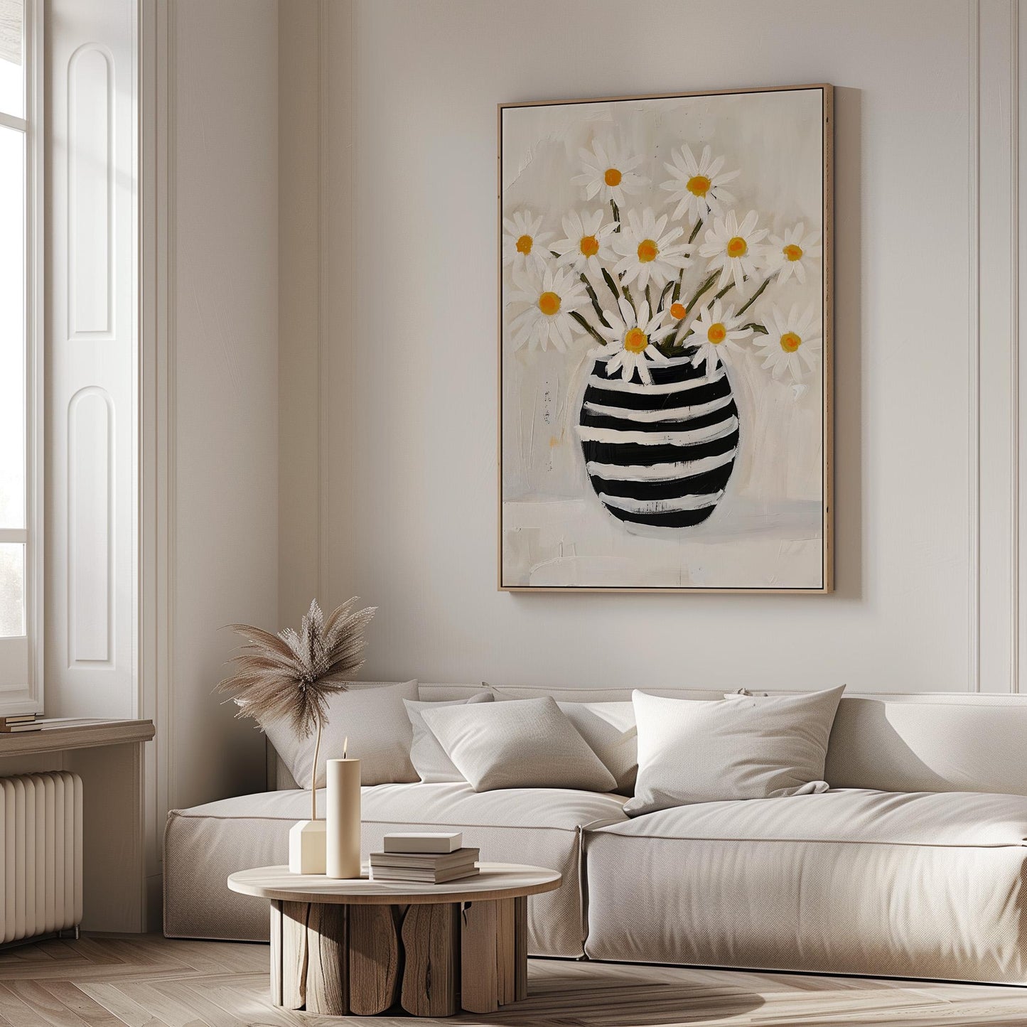 Daisy Flower Canvas Wall Art Modern Botanical Print Black and White Vase Large Floral Painting for Dining Room or Living Room