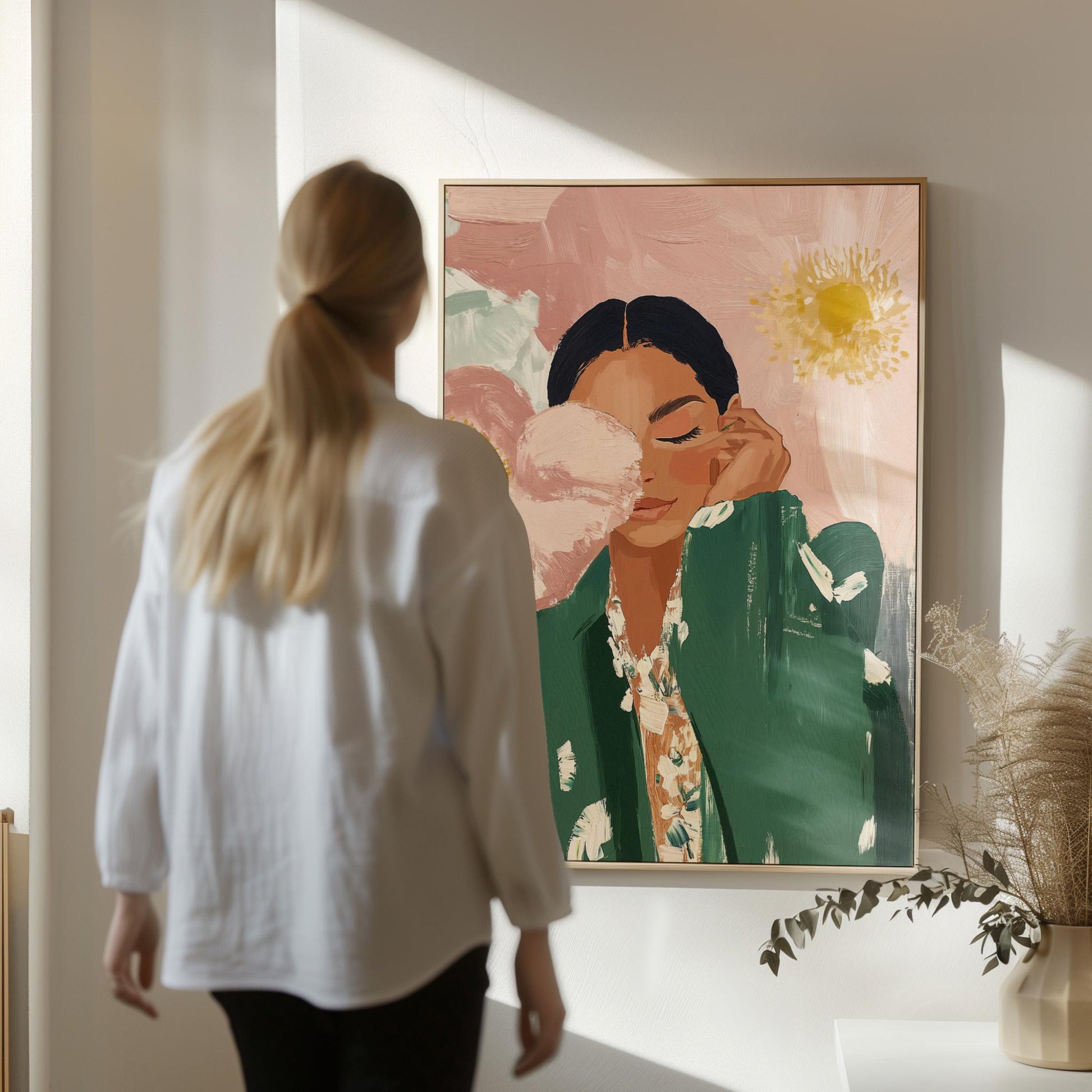 Floral Woman Canvas Wall Art Modern Portrait Print in Green and Pink Large Feminine Painting for Bedroom or Living Room