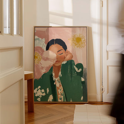 Floral Woman Canvas Wall Art Modern Portrait Print in Green and Pink Large Feminine Painting for Bedroom or Living Room
