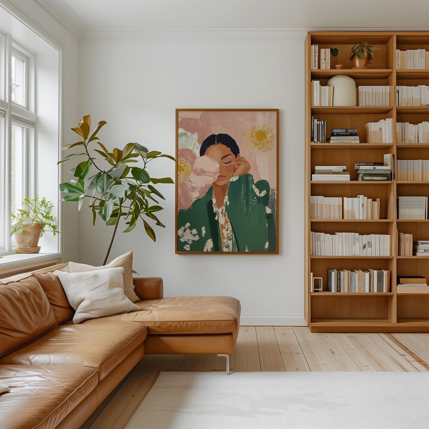 Floral Woman Canvas Wall Art Modern Portrait Print in Green and Pink Large Feminine Painting for Bedroom or Living Room