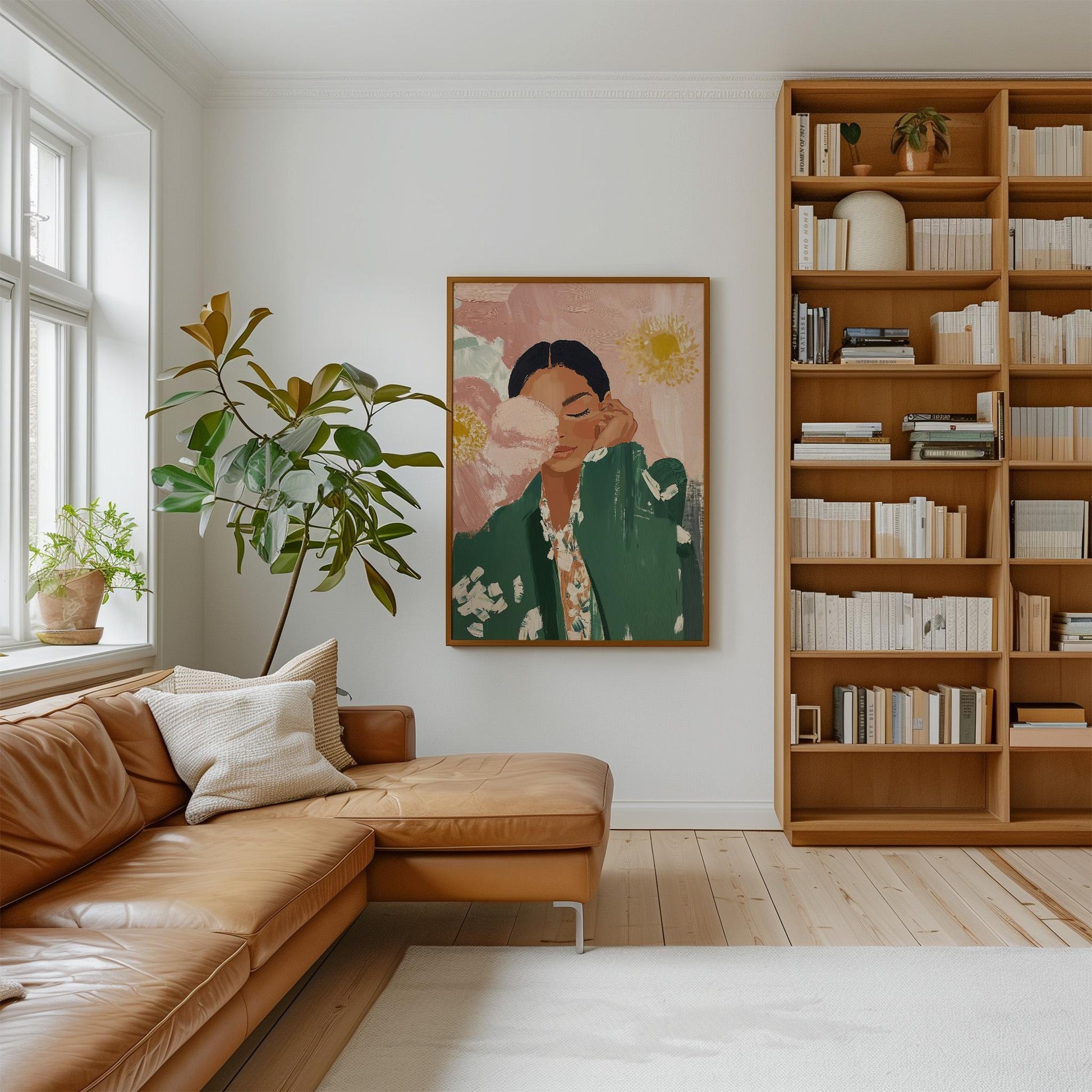 Floral Woman Canvas Wall Art Modern Portrait Print in Green and Pink Large Feminine Painting for Bedroom or Living Room