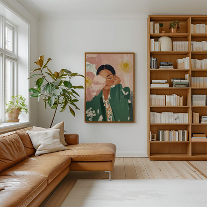 Floral Woman Canvas Wall Art Modern Portrait Print in Green and Pink Large Feminine Painting for Bedroom or Living Room