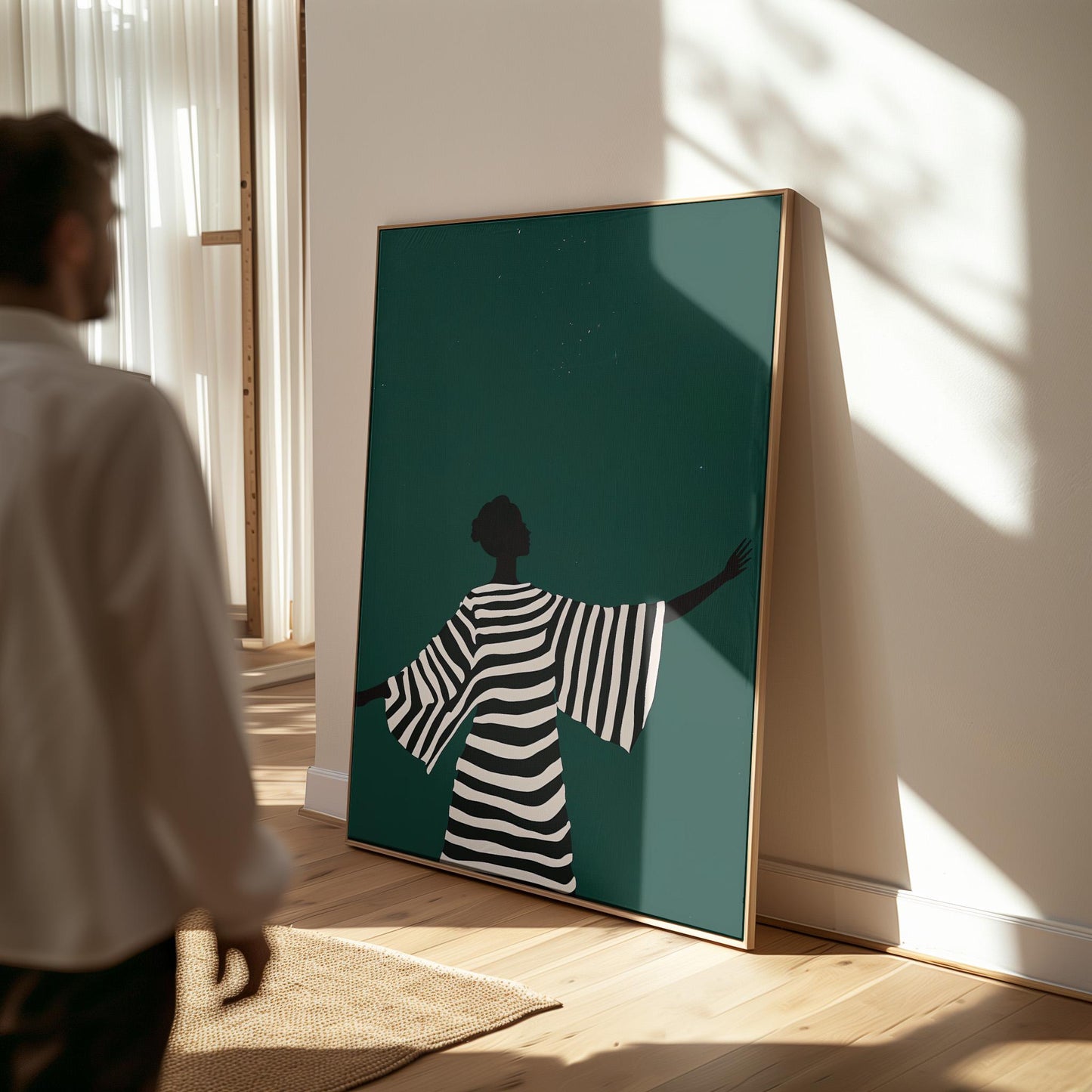 Minimalist Canvas Wall Art Black and White Woman Silhouette in Striped Dress Modern Large Print for Living Room or Bedroom
