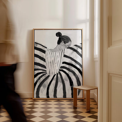 Black and White Abstract Woman Canvas Wall Art Modern Minimalist Striped Dress Large Print for Bedroom or Living Room