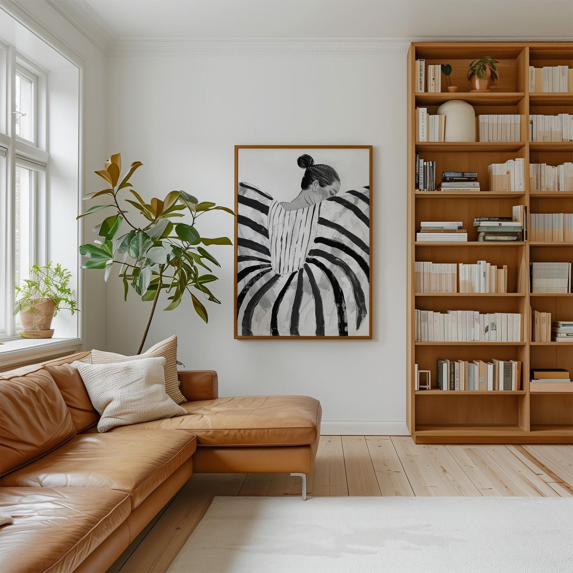 Black and White Abstract Woman Canvas Wall Art Modern Minimalist Striped Dress Large Print for Bedroom or Living Room