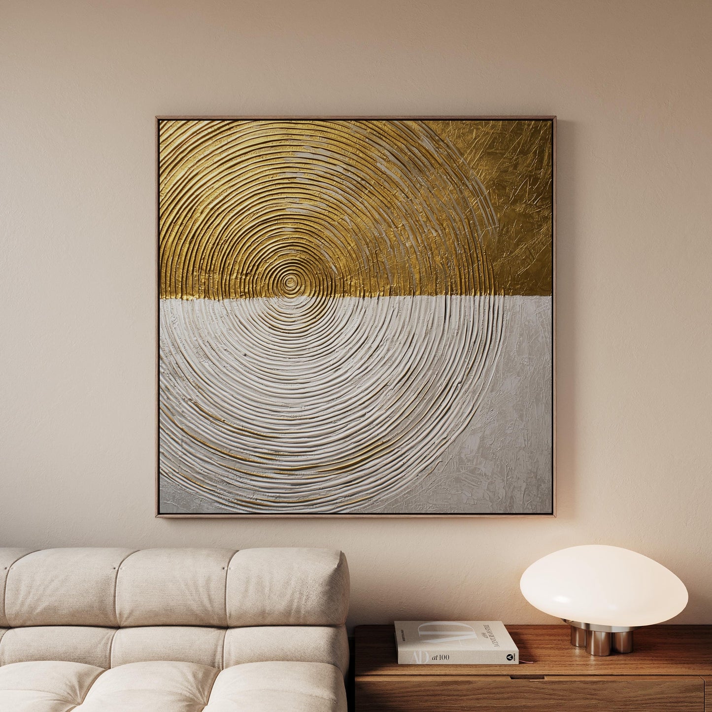 Gold & White Textured Canvas Art: Modern Square Floating Frame Print