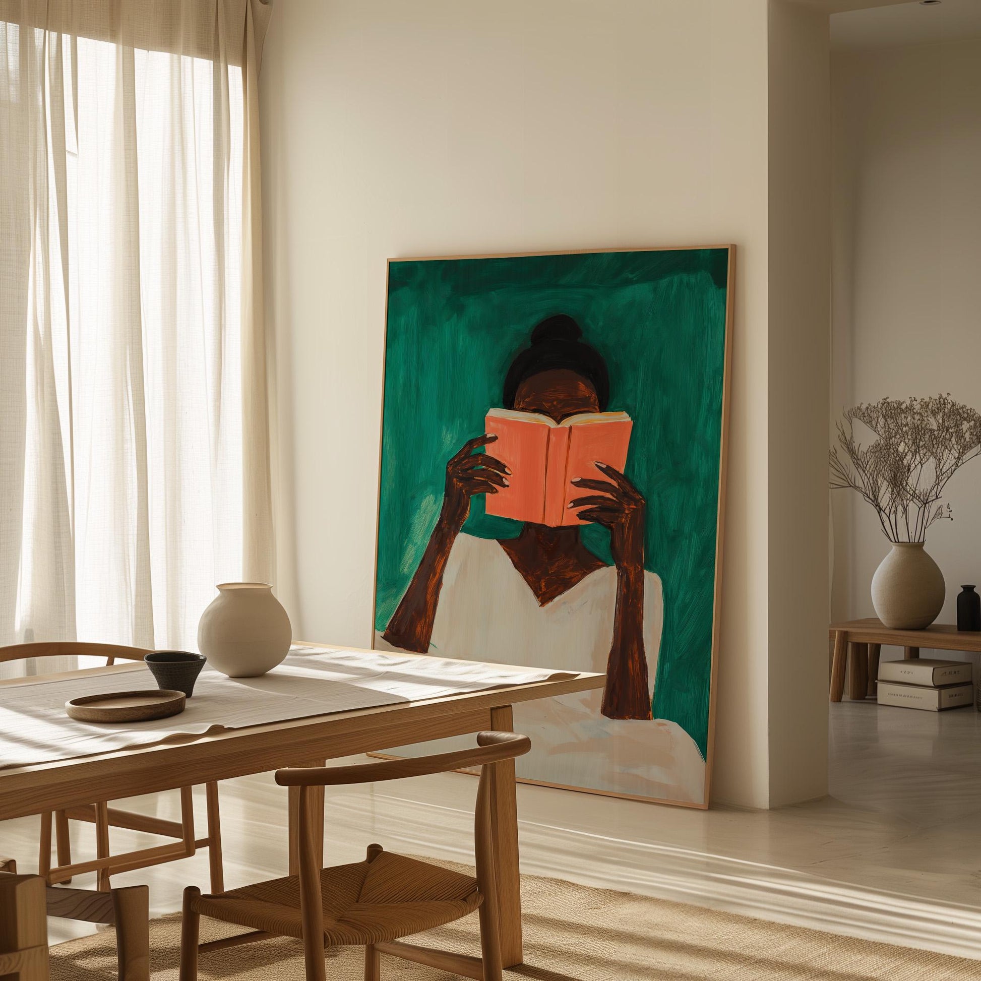 Woman Reading Book Canvas Wall Art Modern Minimalist Large Abstract Print for Bedroom or Living Room Decor