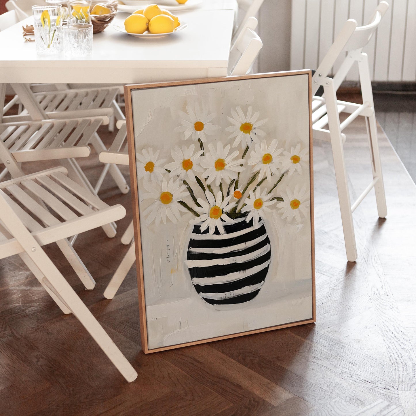 Daisy Flower Canvas Wall Art Modern Botanical Print Black and White Vase Large Floral Painting for Dining Room or Living Room