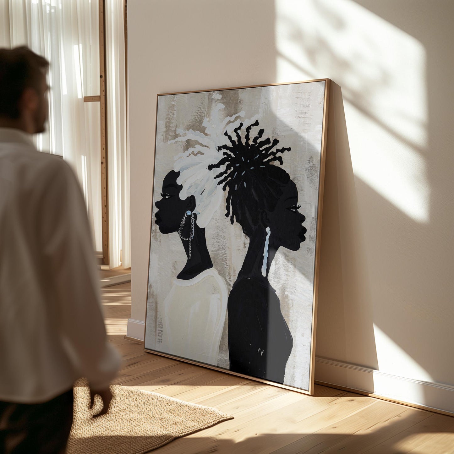 Modern Black and White Women Portrait Wall Art Large Minimalist Canvas Print for Living Room or Bedroom Afrocentric Decor