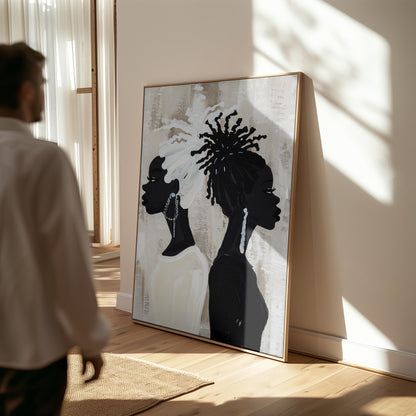 Modern Black and White Women Portrait Wall Art Large Minimalist Canvas Print for Living Room or Bedroom Afrocentric Decor