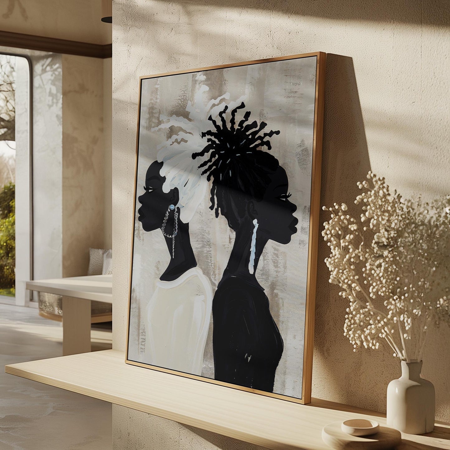 Modern Black and White Women Portrait Wall Art Large Minimalist Canvas Print for Living Room or Bedroom Afrocentric Decor