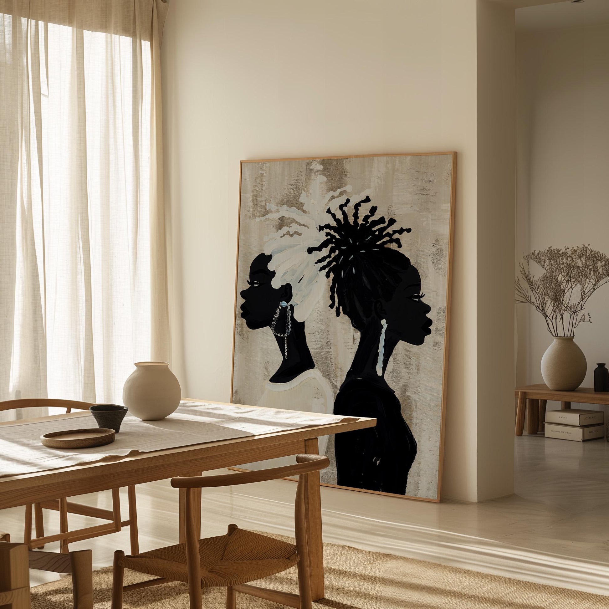 Modern Black and White Women Portrait Wall Art Large Minimalist Canvas Print for Living Room or Bedroom Afrocentric Decor