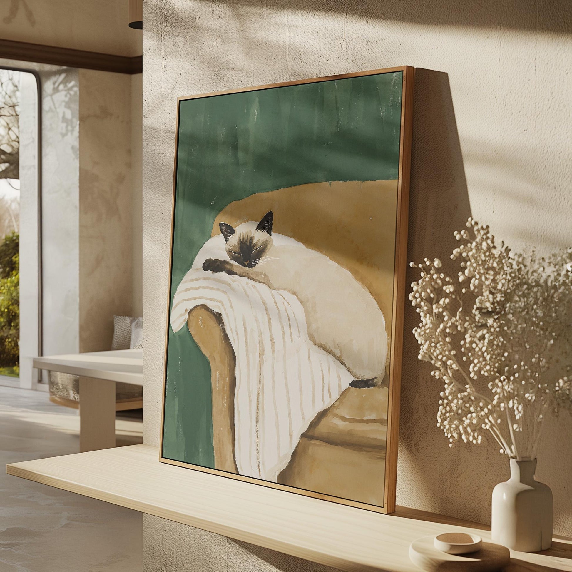 Siamese Cat Wall Art Cozy Minimalist Animal Print Relaxing Pet Canvas Large Artwork for Bedroom or Living Room Decor