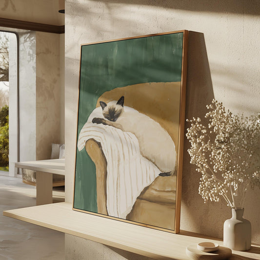 Siamese Cat Wall Art Cozy Minimalist Animal Print Relaxing Pet Canvas Large Artwork for Bedroom or Living Room Decor