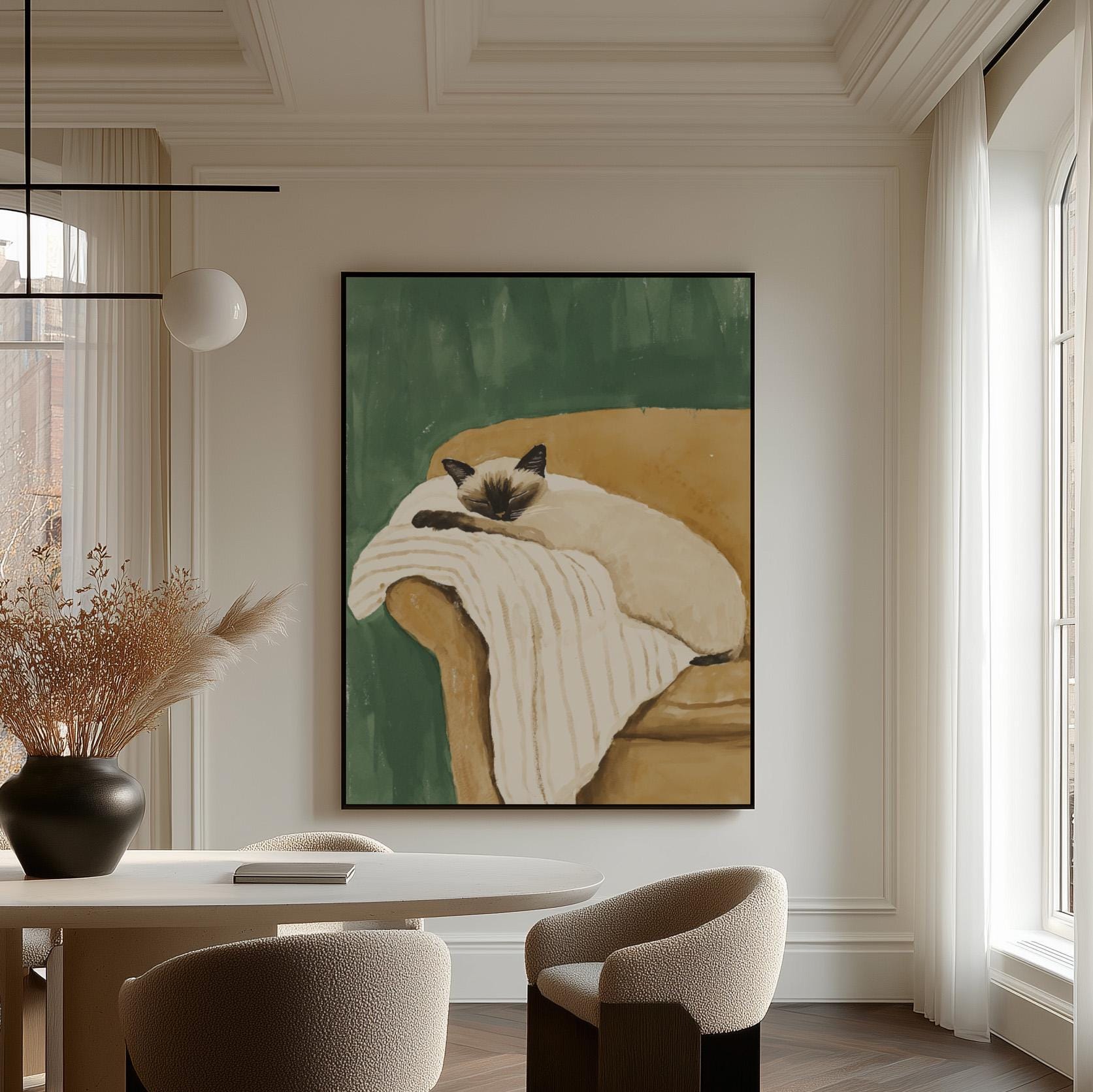 Siamese Cat Wall Art Cozy Minimalist Animal Print Relaxing Pet Canvas Large Artwork for Bedroom or Living Room Decor