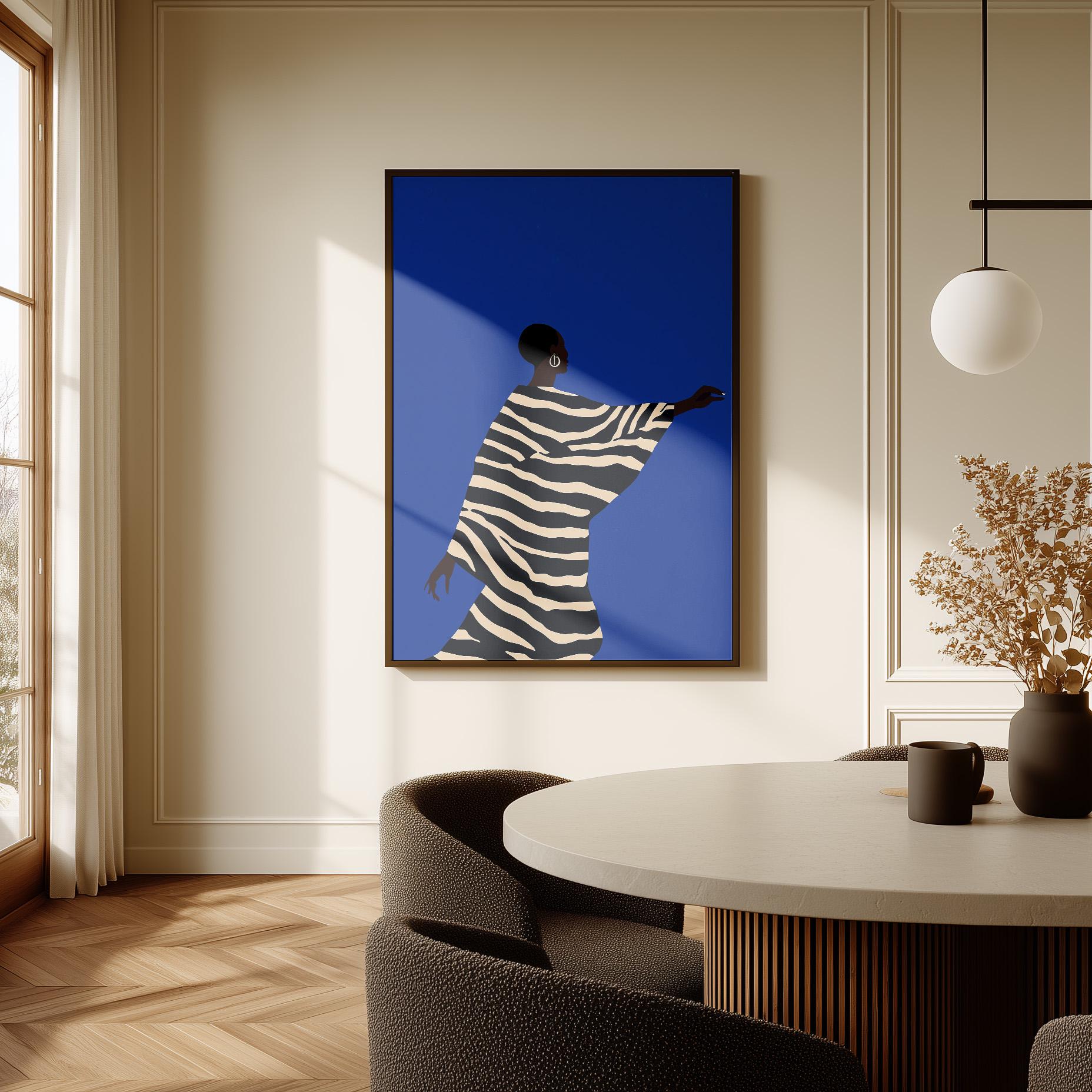 Abstract Silhouette Wall Art Woman in Striped Dress Blue Background Modern Canvas Large Print for Living Room or Bedroom