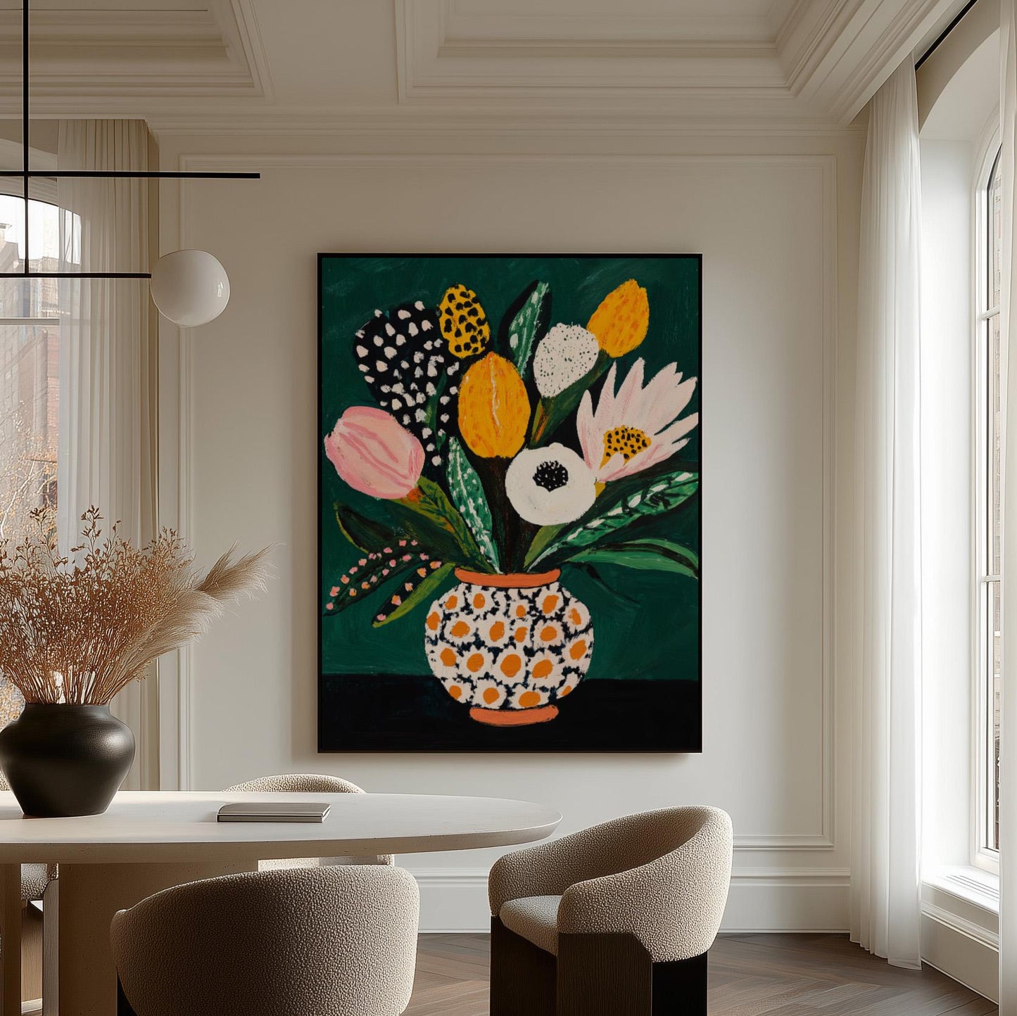 Colorful Flower Bouquet Wall Art Print Modern Vase Painting Large Canvas Botanical Artwork for Dining Room or Living Room