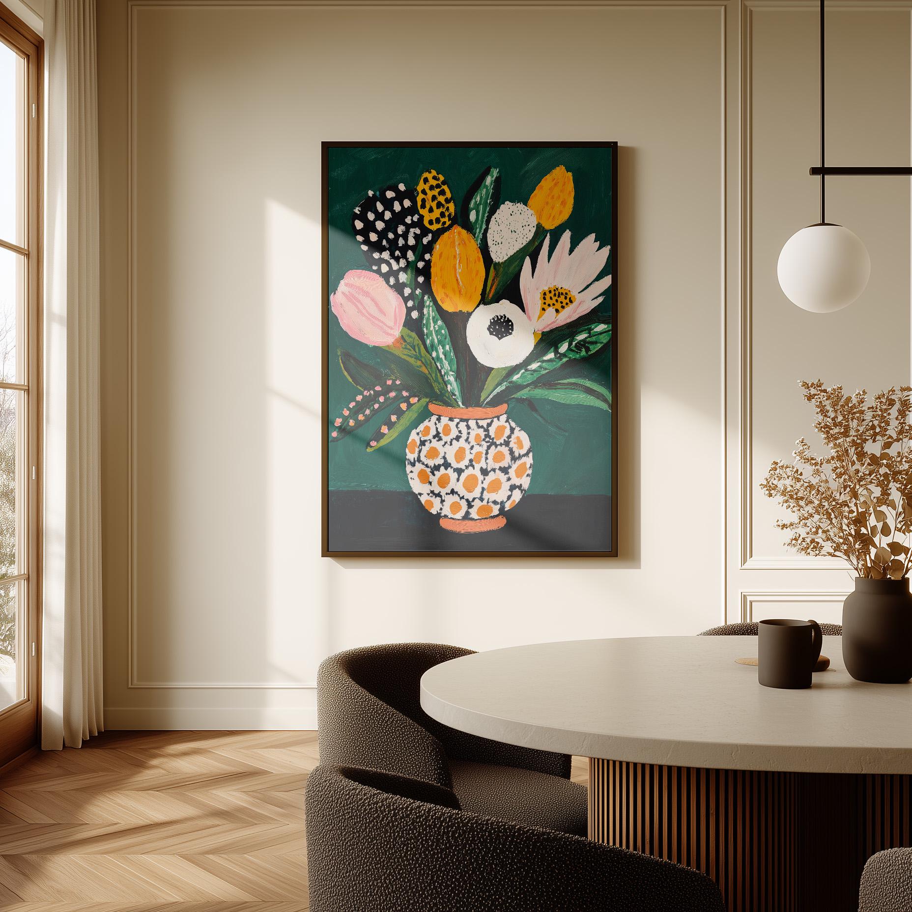 Colorful Flower Bouquet Wall Art Print Modern Vase Painting Large Canvas Botanical Artwork for Dining Room or Living Room