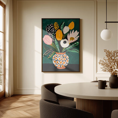 Colorful Flower Bouquet Wall Art Print Modern Vase Painting Large Canvas Botanical Artwork for Dining Room or Living Room