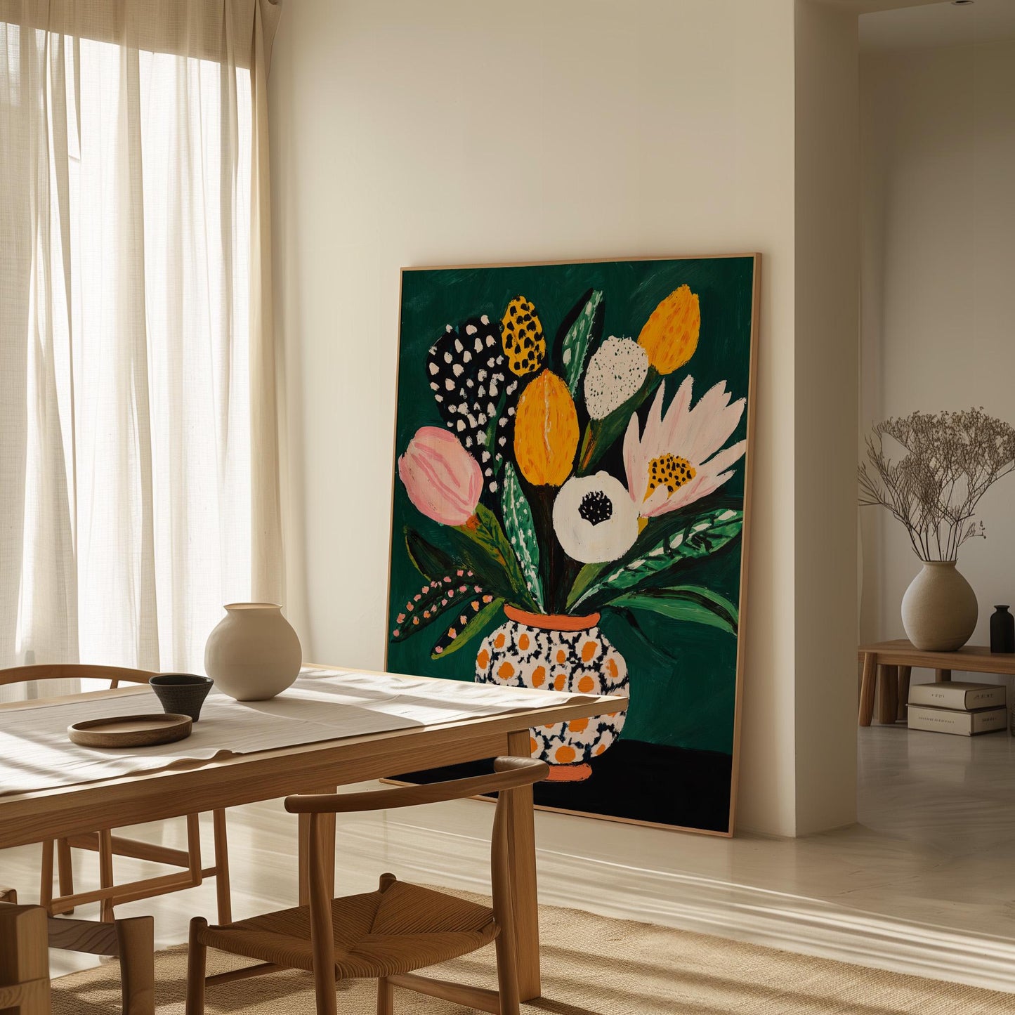 Colorful Flower Bouquet Wall Art Print Modern Vase Painting Large Canvas Botanical Artwork for Dining Room or Living Room