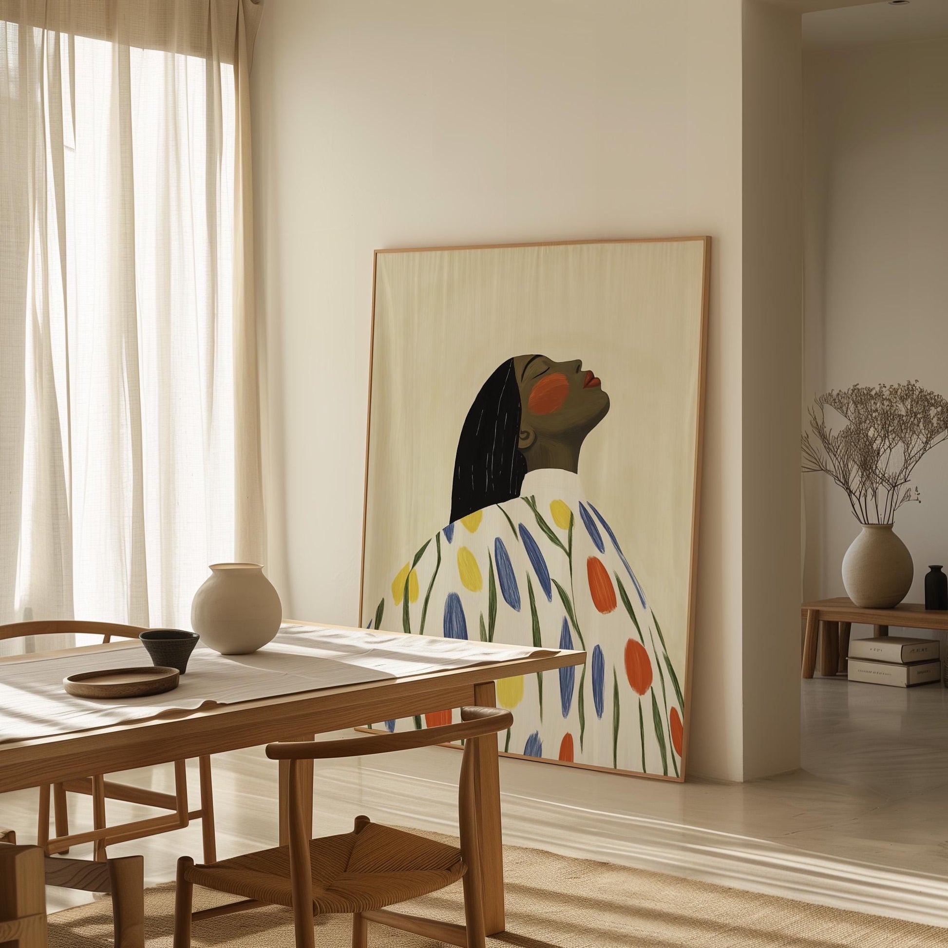 Modern Portrait Wall Art Print Woman in Floral Dress Abstract Canvas Painting Large Contemporary Artwork for Bedroom or Living Room