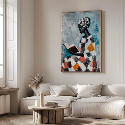 African Woman Reading Book Wall Art Print Colorful Modern Abstract Canvas Painting Large Living Room or Office Decor