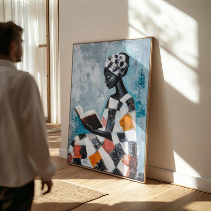 African Woman Reading Book Wall Art Print Colorful Modern Abstract Canvas Painting Large Living Room or Office Decor