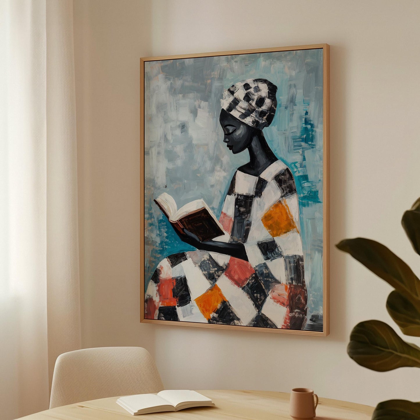 African Woman Reading Book Wall Art Print Colorful Modern Abstract Canvas Painting Large Living Room or Office Decor