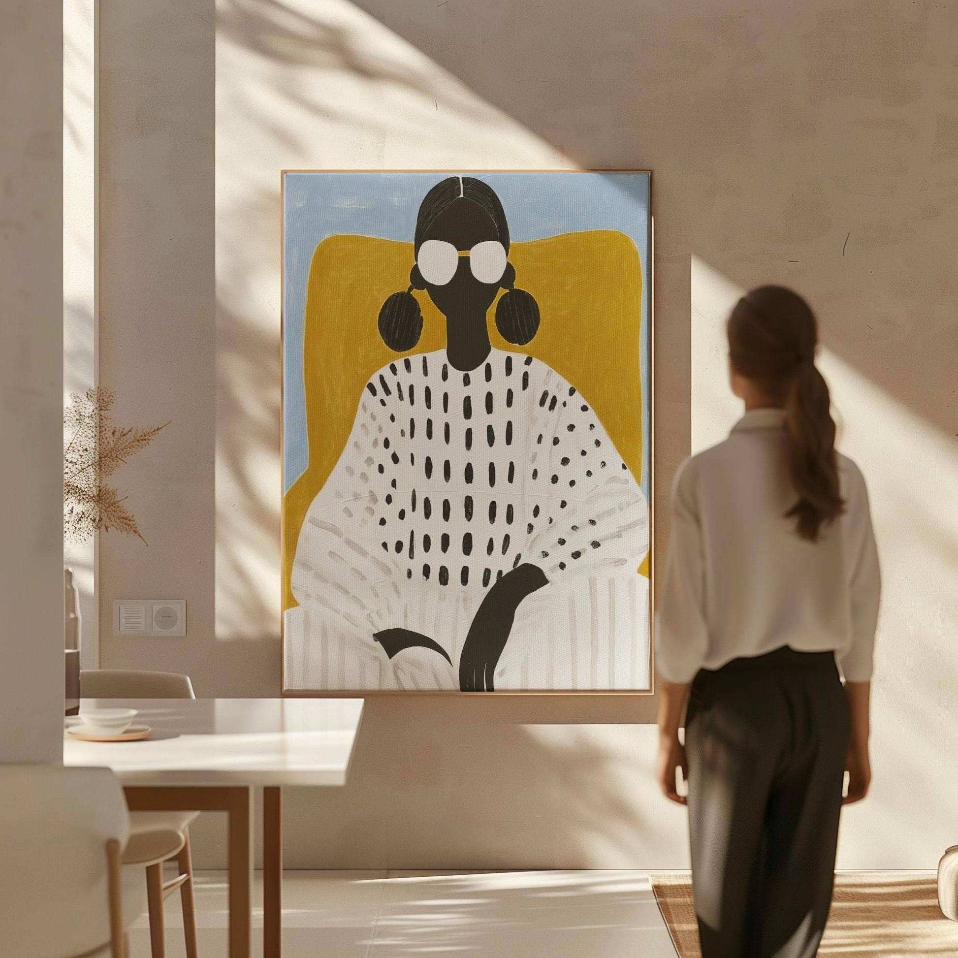 Modern Woman Wall Art Print Minimalist Portrait Canvas Painting with Sunglasses Large Contemporary Decor for Living Room or Office