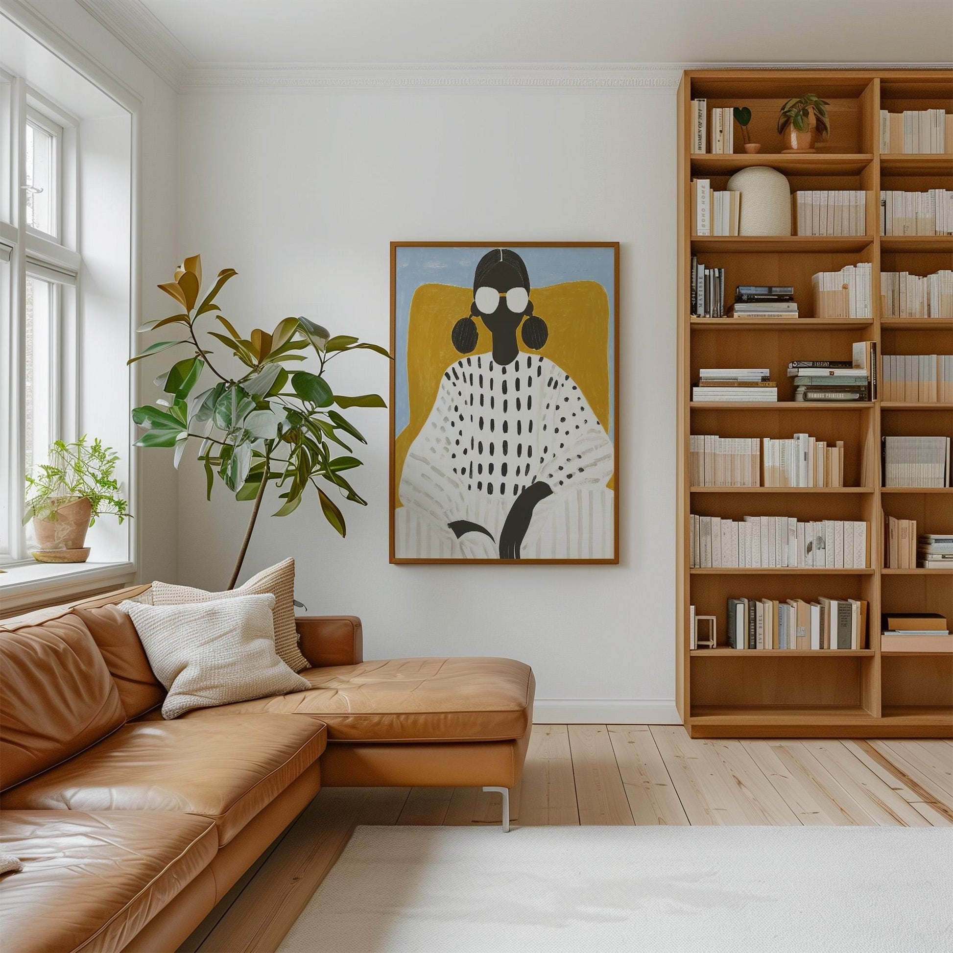 Modern Woman Wall Art Print Minimalist Portrait Canvas Painting with Sunglasses Large Contemporary Decor for Living Room or Office