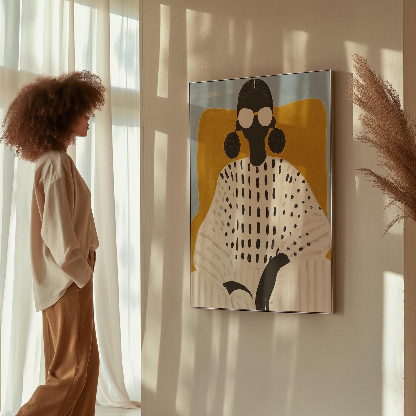 Modern Woman Wall Art Print Minimalist Portrait Canvas Painting with Sunglasses Large Contemporary Decor for Living Room or Office