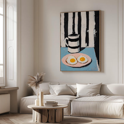Modern Still Life Wall Art Print Coffee Pot and Eggs Canvas Black and White Striped Kitchen Artwork Large Dining Room Decor