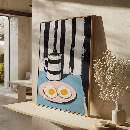 Modern Still Life Wall Art Print Coffee Pot and Eggs Canvas Black and White Striped Kitchen Artwork Large Dining Room Decor