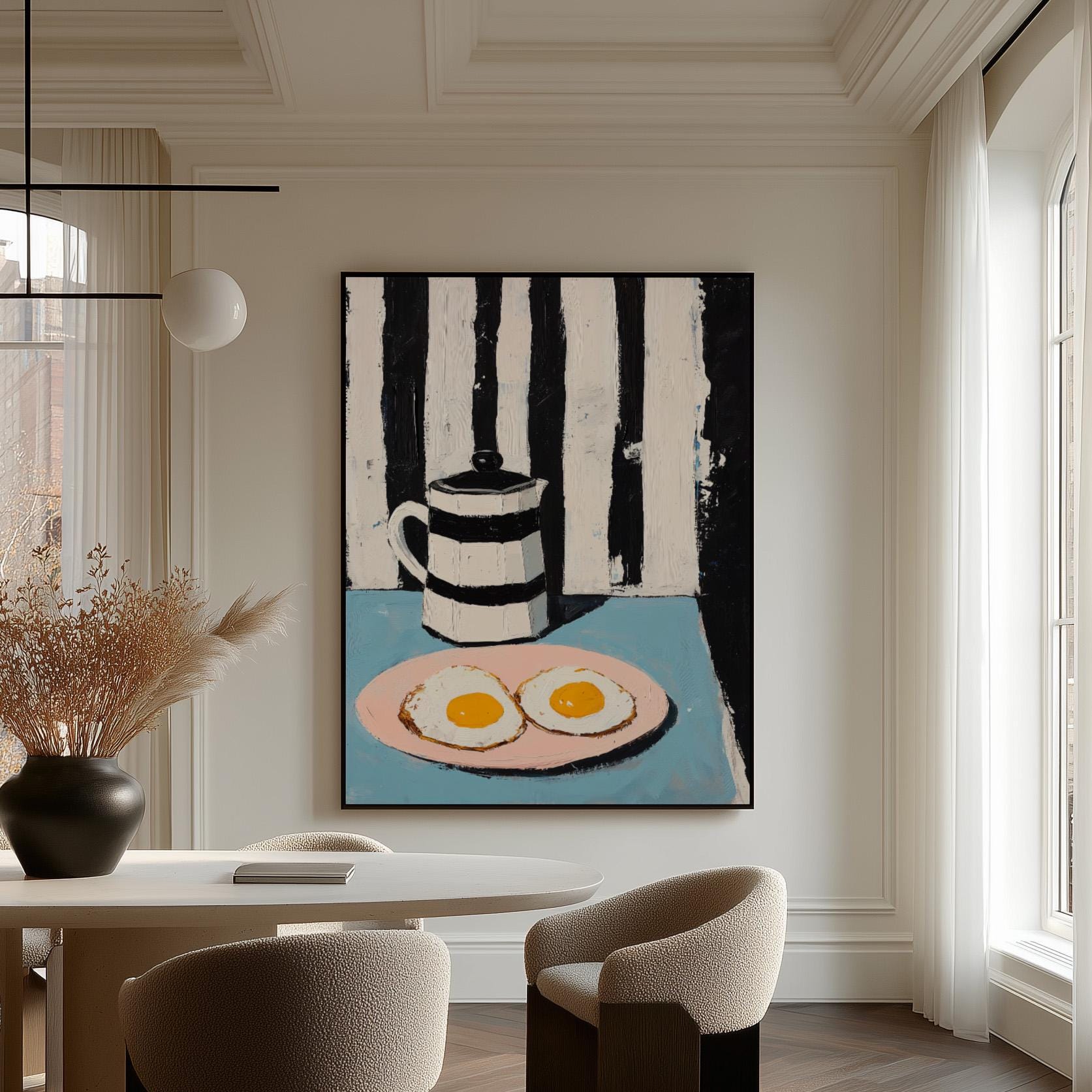 Modern Still Life Wall Art Print Coffee Pot and Eggs Canvas Black and White Striped Kitchen Artwork Large Dining Room Decor