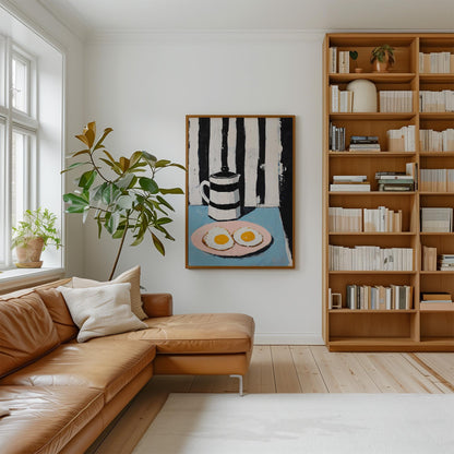 Modern Still Life Wall Art Print Coffee Pot and Eggs Canvas Black and White Striped Kitchen Artwork Large Dining Room Decor