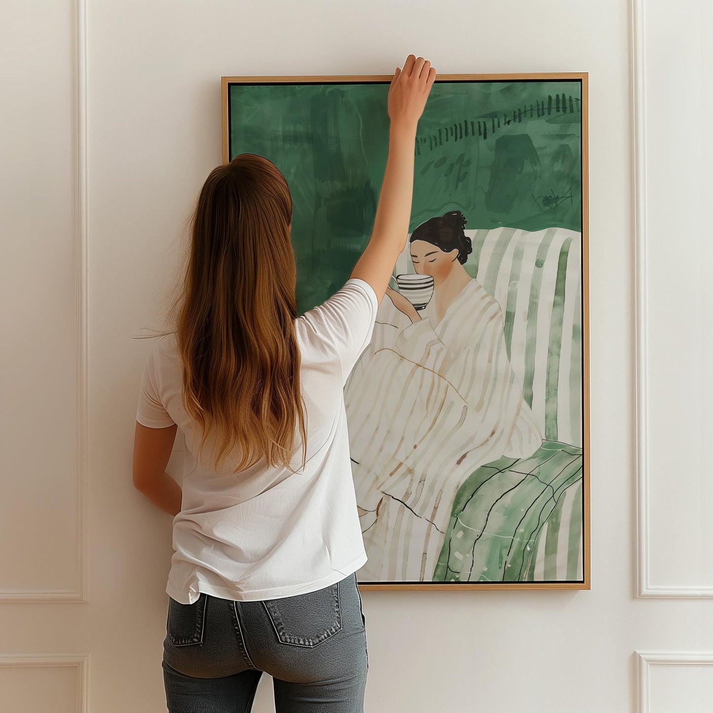 Relaxed Woman with Coffee Wall Art Print Minimalist Canvas Green Chair Large Modern Living Room Bedroom Decor