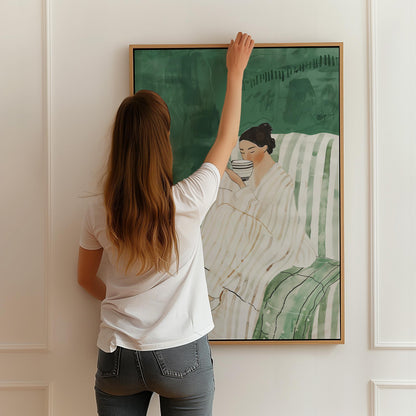 Relaxed Woman with Coffee Wall Art Print Minimalist Canvas Green Chair Large Modern Living Room Bedroom Decor