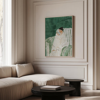 Relaxed Woman with Coffee Wall Art Print Minimalist Canvas Green Chair Large Modern Living Room Bedroom Decor