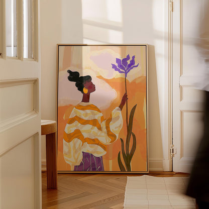 Colorful Woman with Flower Wall Art Print Modern Abstract Canvas Orange Purple Large Living Room Bedroom Decor