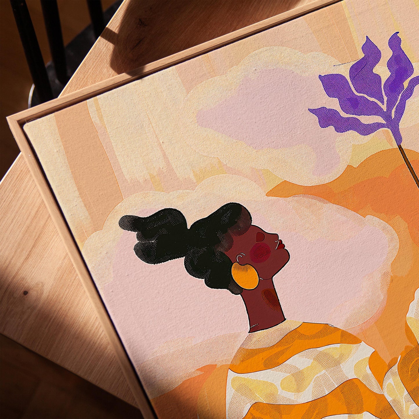 Colorful Woman with Flower Wall Art Print Modern Abstract Canvas Orange Purple Large Living Room Bedroom Decor