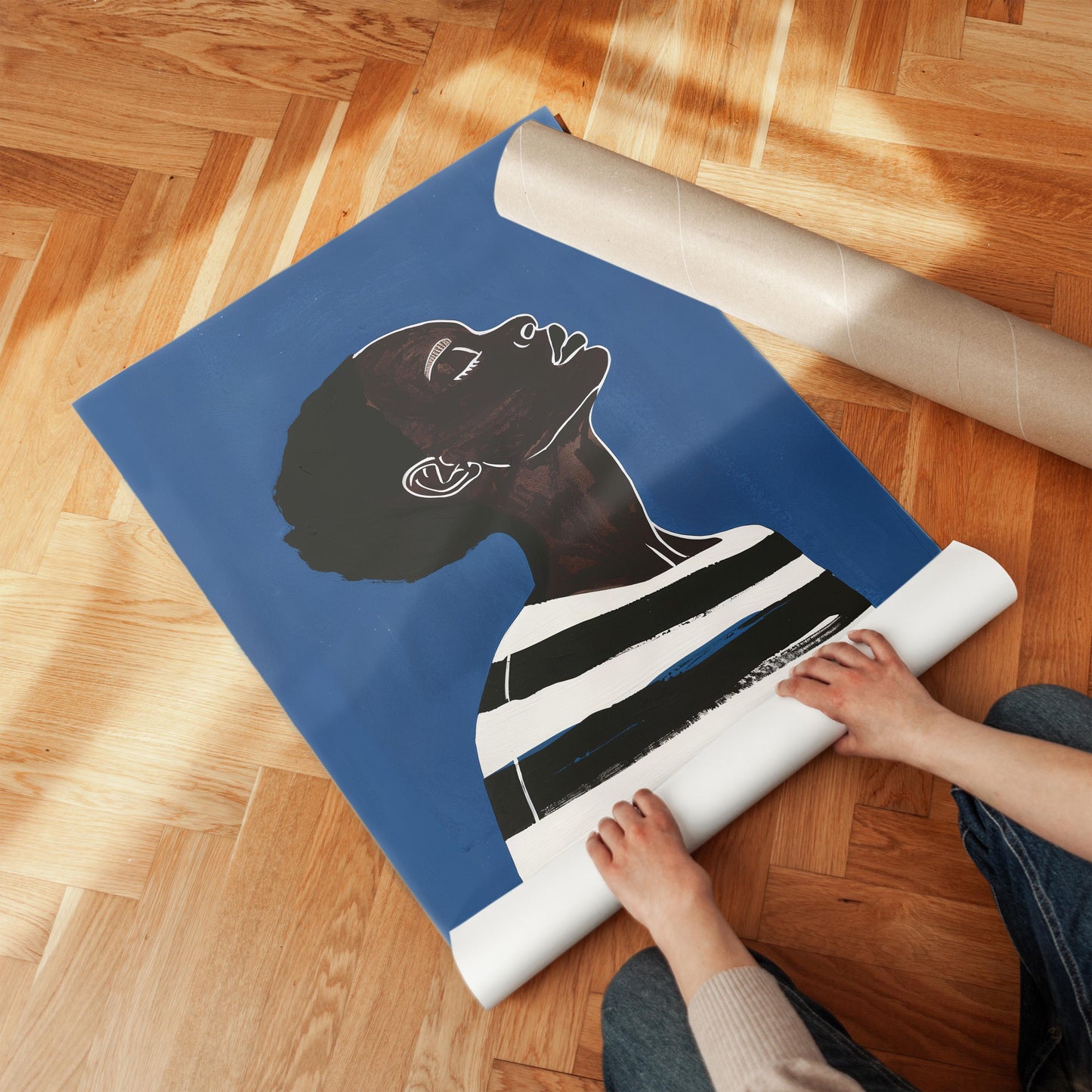 Modern Woman Wall Art Blue Canvas Print Abstract Minimalist Black White Stripes Large Living Room Bedroom Decor