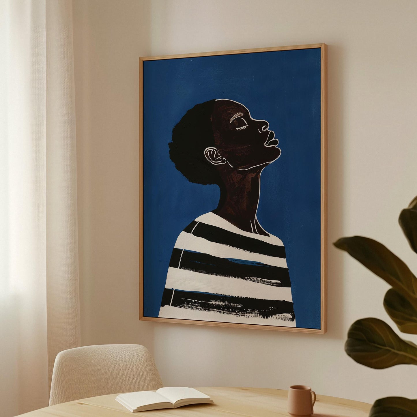 Modern Woman Wall Art Blue Canvas Print Abstract Minimalist Black White Stripes Large Living Room Bedroom Decor