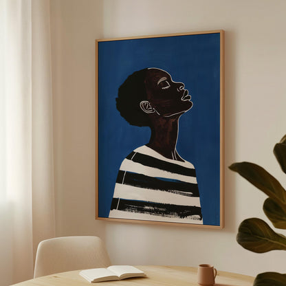 Modern Woman Wall Art Blue Canvas Print Abstract Minimalist Black White Stripes Large Living Room Bedroom Decor