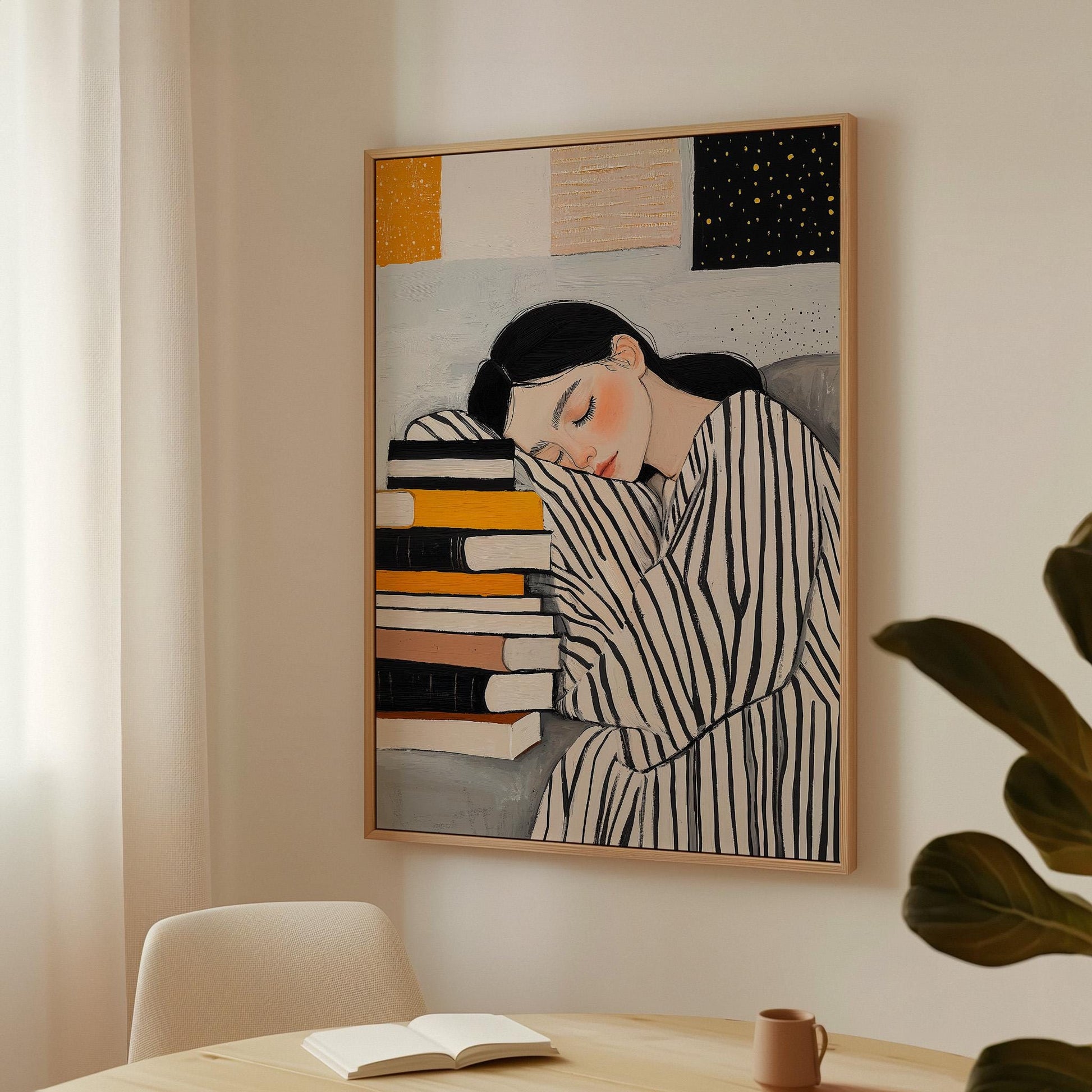 Book Lover Wall Art Modern Canvas Print Cozy Reading Girl Illustration Large Bedroom or Study Room Decor Gift for Readers