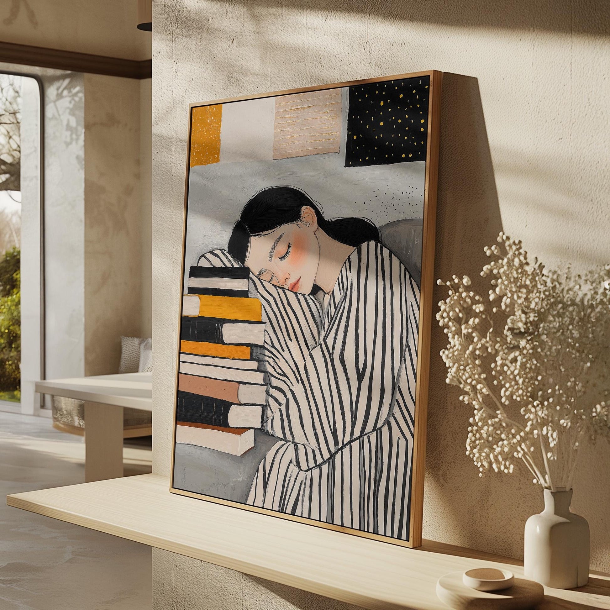 Book Lover Wall Art Modern Canvas Print Cozy Reading Girl Illustration Large Bedroom or Study Room Decor Gift for Readers