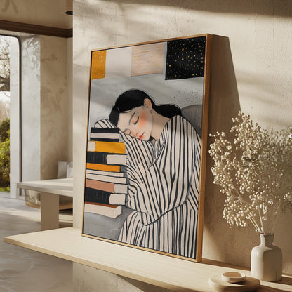 Book Lover Wall Art Modern Canvas Print Cozy Reading Girl Illustration Large Bedroom or Study Room Decor Gift for Readers