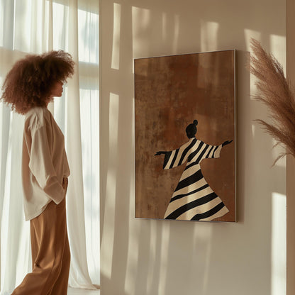Minimalist Striped Woman Wall Art, Brown Modern Canvas Print, Large Neutral Decor for Living Room or Office