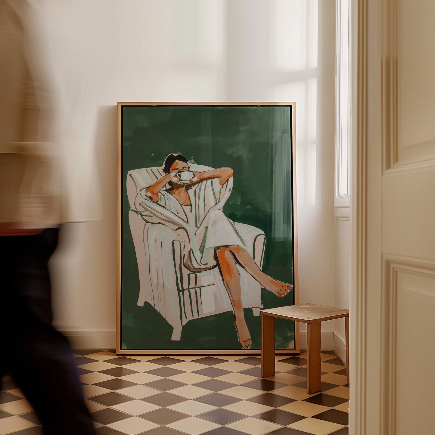 Relaxed Woman Drinking Coffee Canvas Wall Art, Minimalist Green Print, Modern Large Wall Decor for Bedroom or Living Room